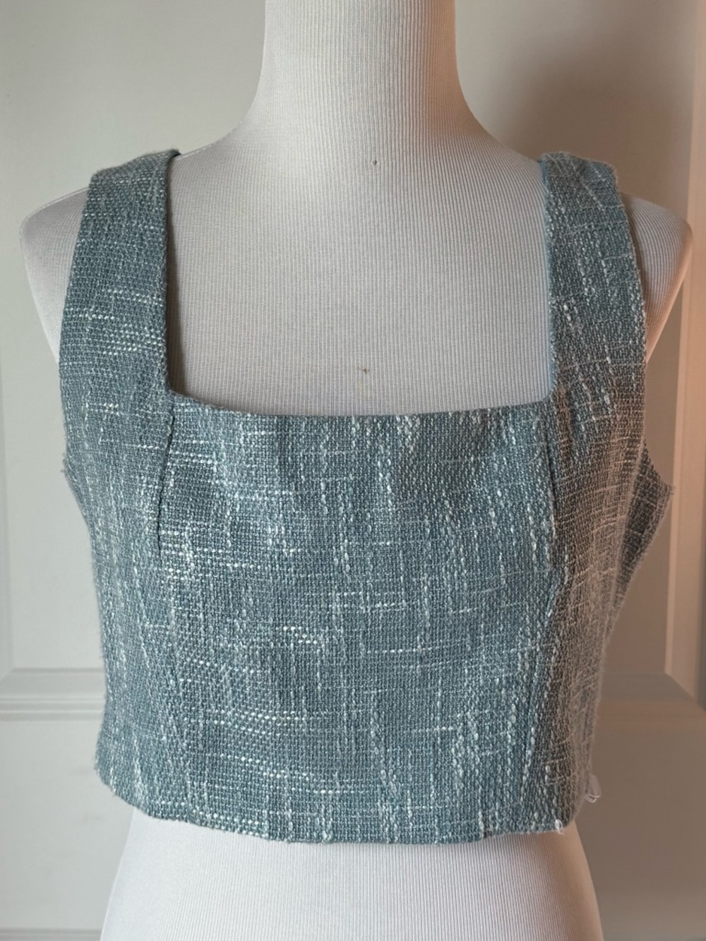 Lulus Blue Tweed Crop Top Structured Tank Square Neck Sleeveless Size L